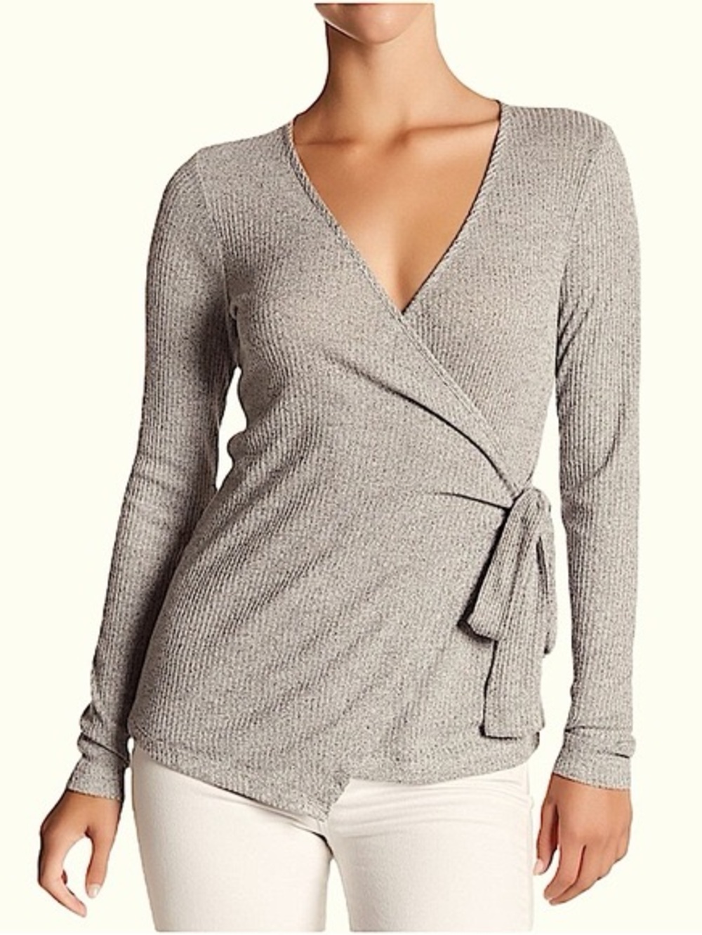 bobeau Gray Ribbed Wrap Long-Sleeve Top